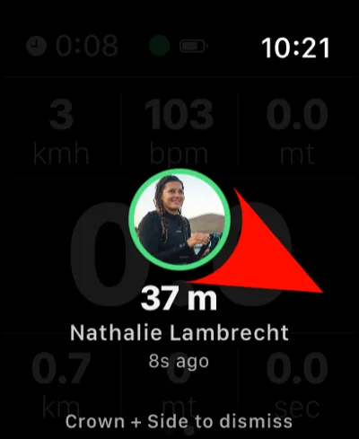 Apple Watch showing the Friends Compass pointing at a rider 37 metres away